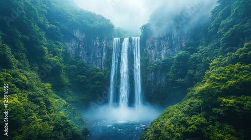 Nature background showcasing a misty waterfall surrounded by lush green foliage