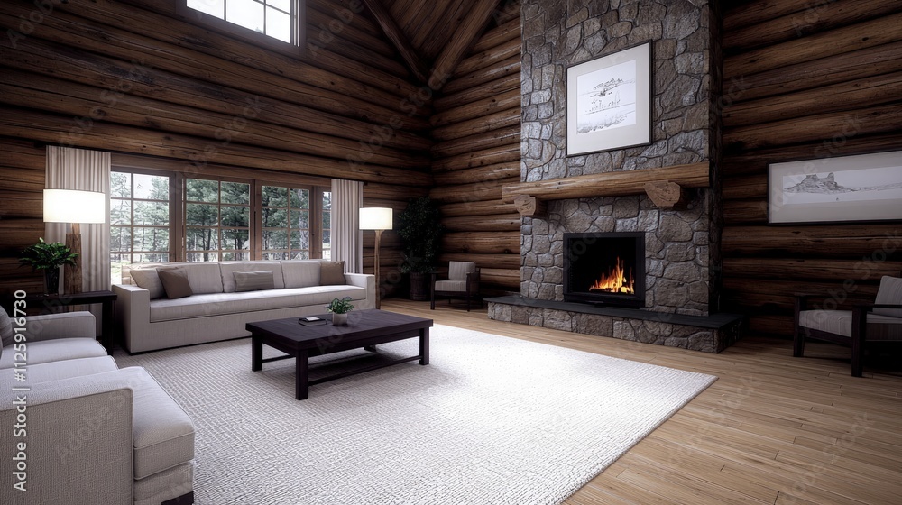 Cozy log cabin living room with fireplace, sofa, and large windows. Cozy log cabin living room with fireplace, sofa, and large windows.