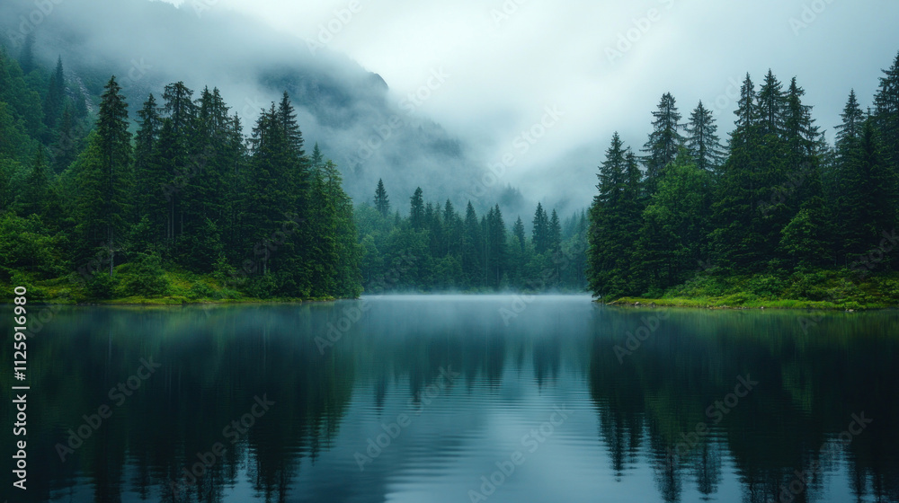 Fototapeta premium Nature background showcasing a serene mountain lake with mist rolling over pine trees