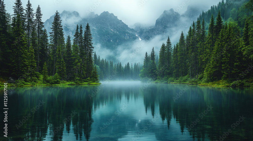 Nature background showcasing a serene mountain lake with mist rolling over pine trees Nature background showcasing a serene mountain lake with mist rolling over pine trees