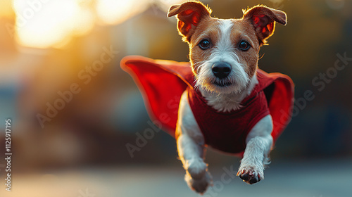 Energetic terrier dog leaping mid-air wearing a superhero red cape outdoors