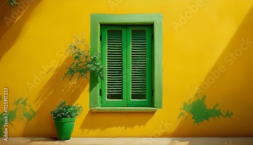 Green window on yellow wall.Generated image