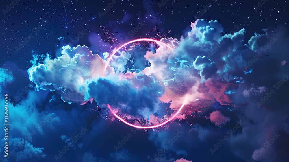 Abstract Cloud Illuminated by Neon Light Ring on Dark Night Sky, with Glowing Geometric Shape and Round Frame, Creating a Mysterious and Futuristic Scene.
