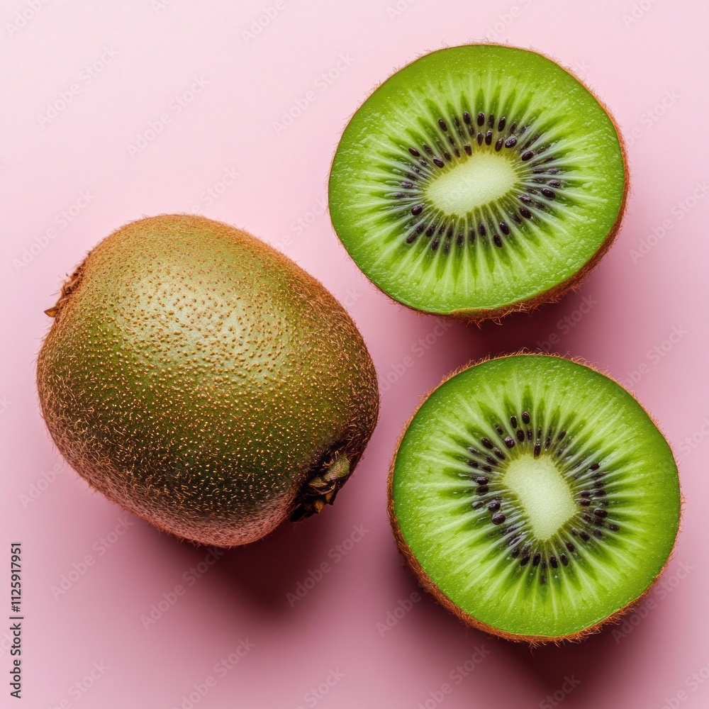 Fototapeta premium Kiwi fruit cut in half showcasing vibrant green flesh and seeds against a pastel pink backdrop