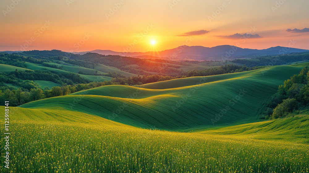 Fototapeta premium Nature background with rolling green hills under a vibrant sunrise