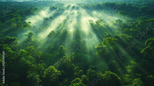 Nature background with sunlight filtering through dense forest canopies in early morning