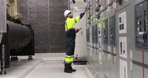 Electrical engineer with green uniform checking and inspecting at MDB panel or Main Distribution Boards of factory