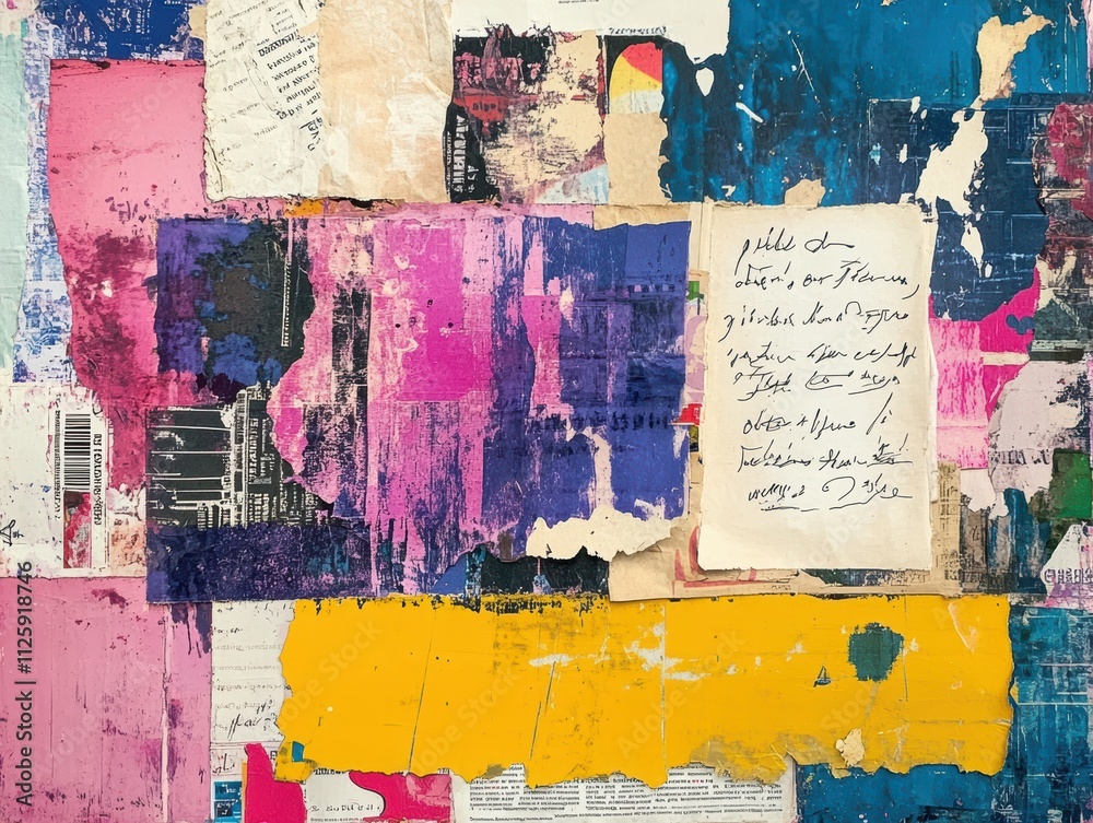 Fototapeta premium Abstract collage featuring vibrant colors, textures, and handwritten notes.