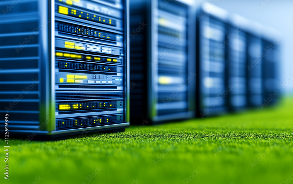 A row of servers are lined up on a grassy field. The servers are blue and yellow, and they are all connected to each other. The servers are arranged in a row A row of servers are lined up on a grassy field. The servers are blue and yellow, and they are all connected to each other. The servers are arranged in a row