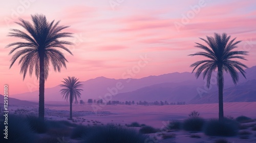 Serene Desert Landscape at Dusk with Silhouetted Palm Trees against a Colorful Sky and Majestic Mountains in the Background for Nature and Travel Purposes