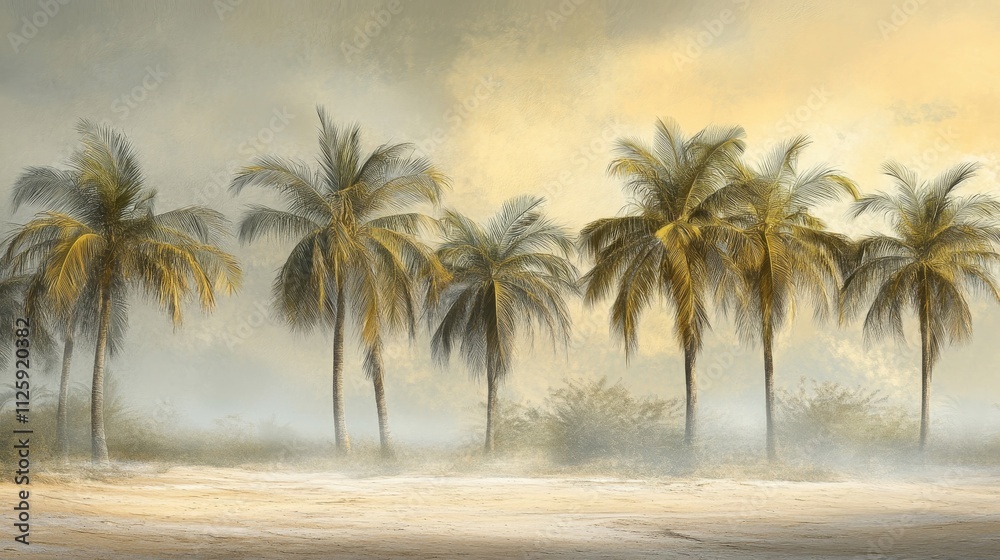 Serene Tropical Landscape with Palm Trees Under a Soft Golden Glow and Misty Atmosphere Capturing the Essence of a Calm Oasis at Sunrise Serene Tropical Landscape with Palm Trees Under a Soft Golden Glow and Misty Atmosphere Capturing the Essence of a Calm Oasis at Sunrise