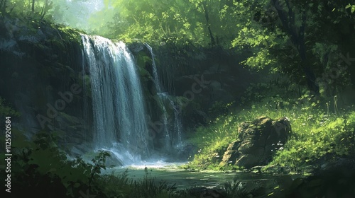 Serene Waterfall in Lush Forest: A Digital Painting of Tranquil Nature