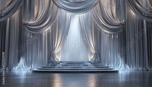 Silver black metalic ceremony award stage venue background. 3d stage background. Elegant venue concept.
