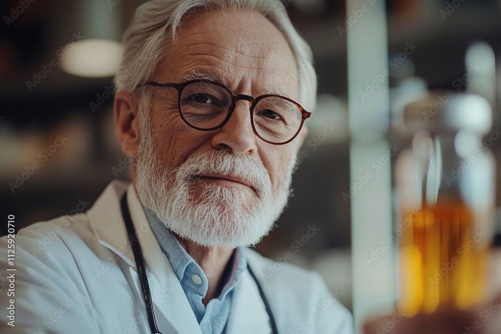 A wise, elderly man in a lab coat holds a vial, exuding expertise and knowledge in a laboratory setting. A wise, elderly man in a lab coat holds a vial, exuding expertise and knowledge in a laboratory setting.