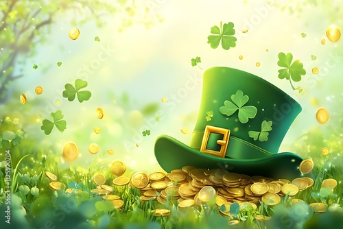 Leprechaun's hat filled with gold coins and shamrocks marks the spirit of the irish on st. Patrick's day photo