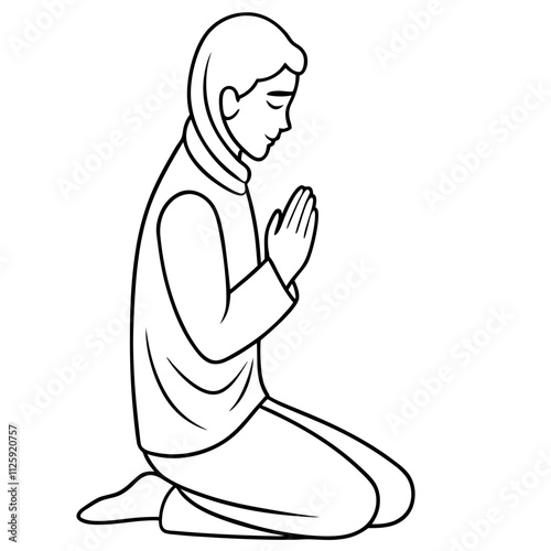 A person kneeling in prayer. Line art vector illustration 