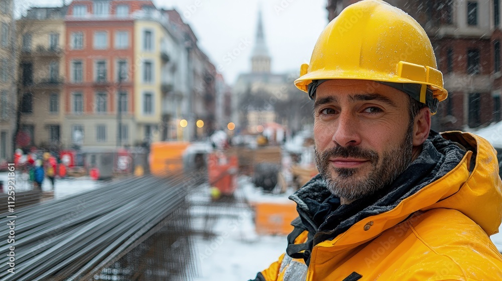 Confident construction worker in yellow hard hat and jacket smiles outdoors in snowy city. Confident construction worker in yellow hard hat and jacket smiles outdoors in snowy city.