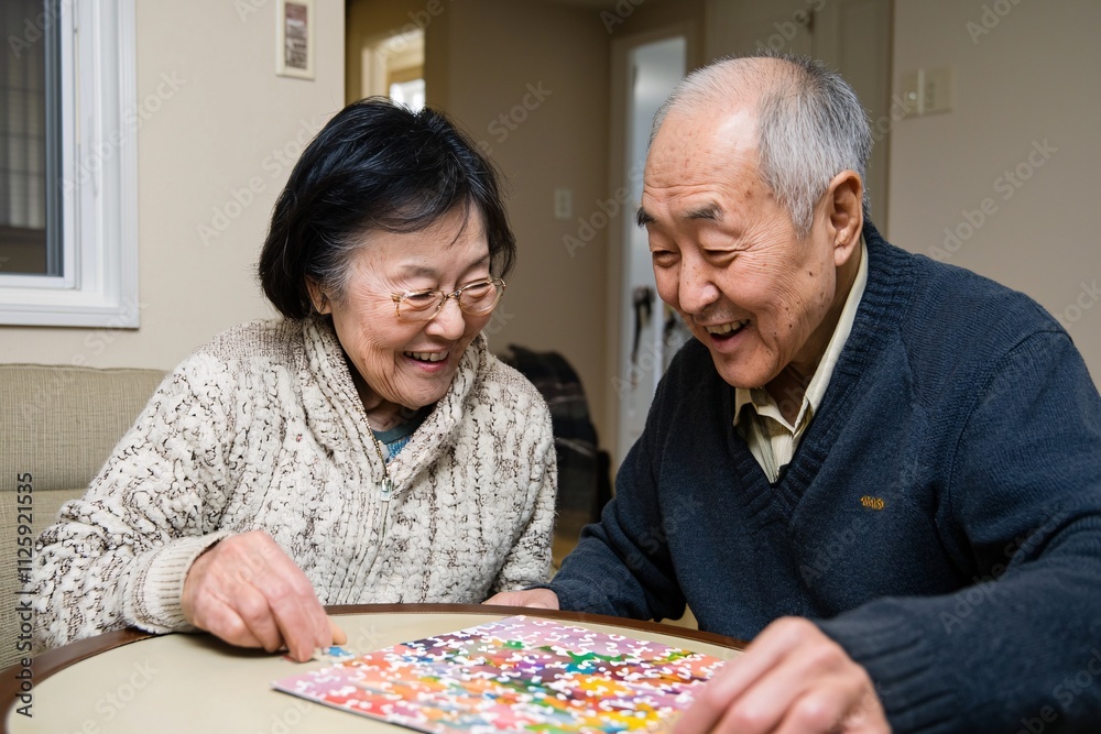 Fototapeta premium An elderly couple joyfully engages in a colorful activity together, showcasing companionship and happiness in a warm, homey setting.
