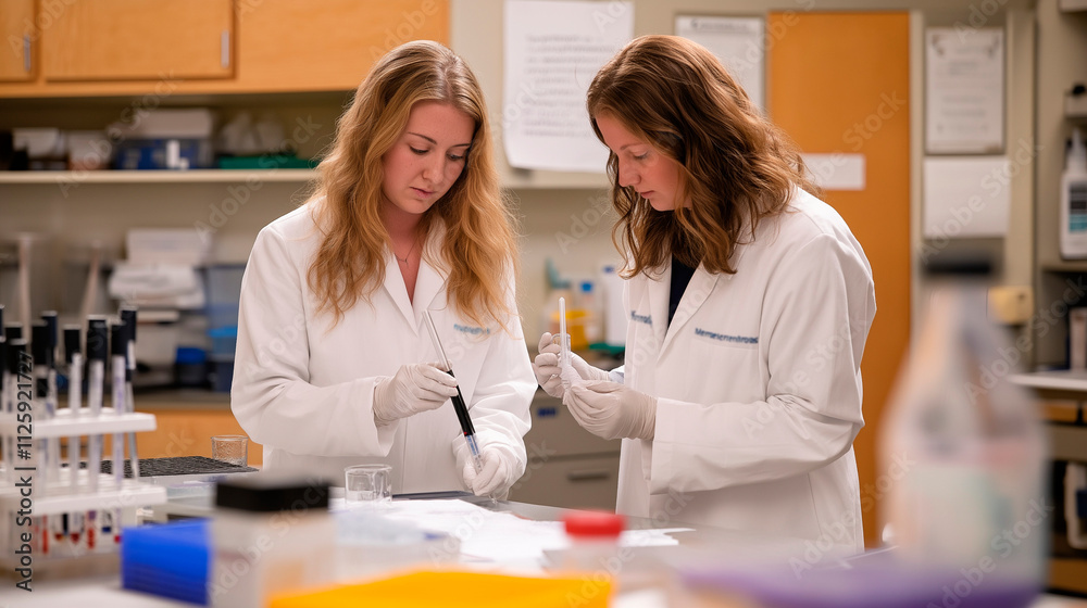 Obraz premium Two female researchers conducting tests in a laboratory