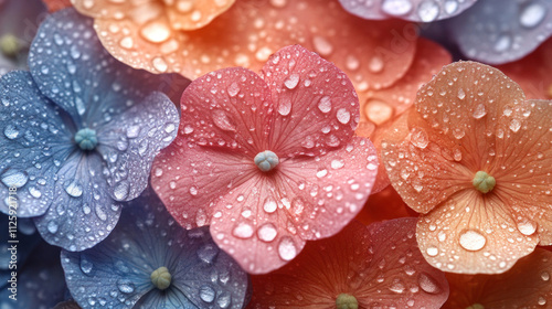 Seasonal spring background of fresh morning dew on soft pastel-colored petals