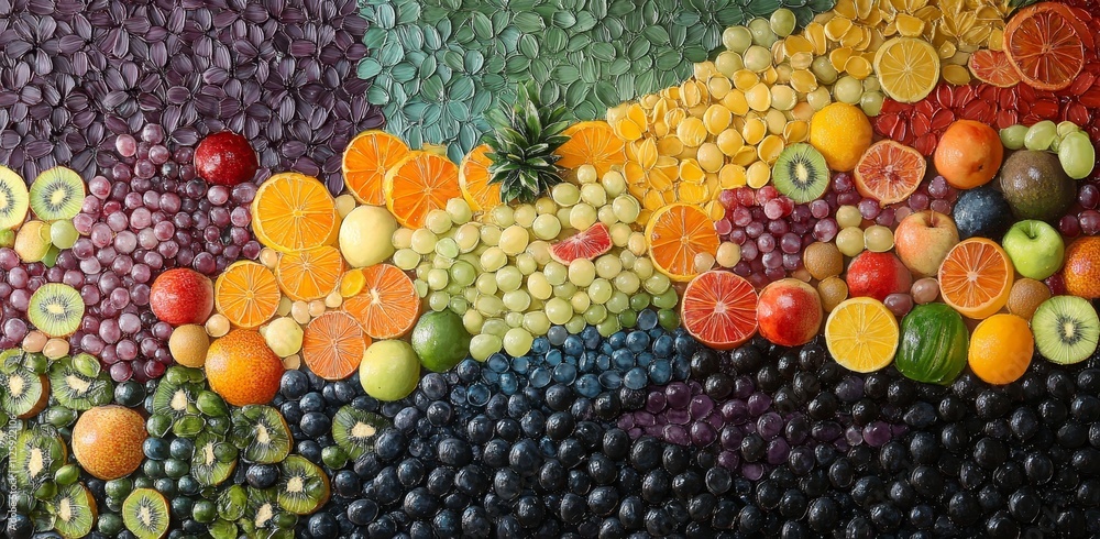Vibrant rainbow of assorted fresh fruits and berries arranged in a colorful pattern. Vibrant rainbow of assorted fresh fruits and berries arranged in a colorful pattern.