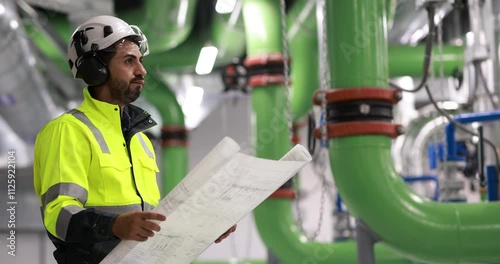 Industrial engineer or electrical engineer with PPE check control panel in HVAC control room, Industrial and  Factory