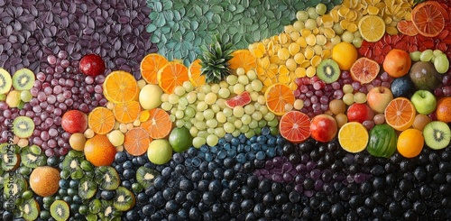 Vibrant rainbow of assorted fresh fruits and berries arranged in a colorful pattern.