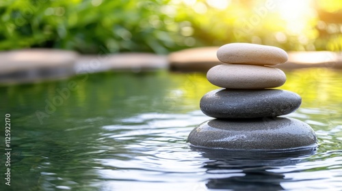 Mindfulness concept integrated with health-conscious living and lifestyle. Stacked stones on water surface with sunlight and greenery background