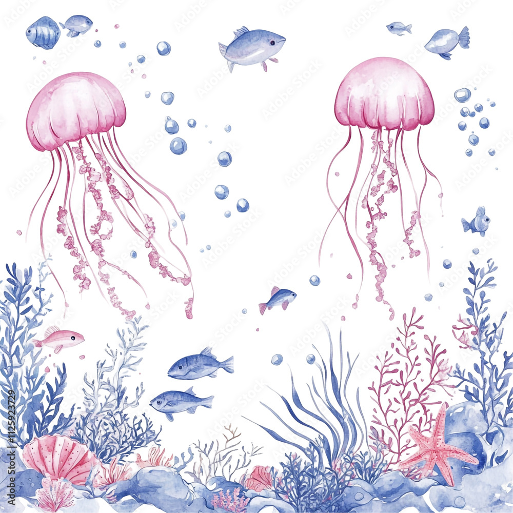Enchanted Underwater Realm: Pink Jellyfish and Serene Ocean Life