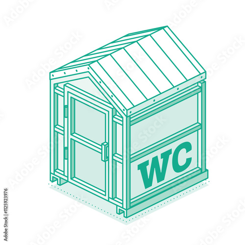 Portable chemical toilet. Isometric dry water closet cabin. Object isolated on white. Outline style.