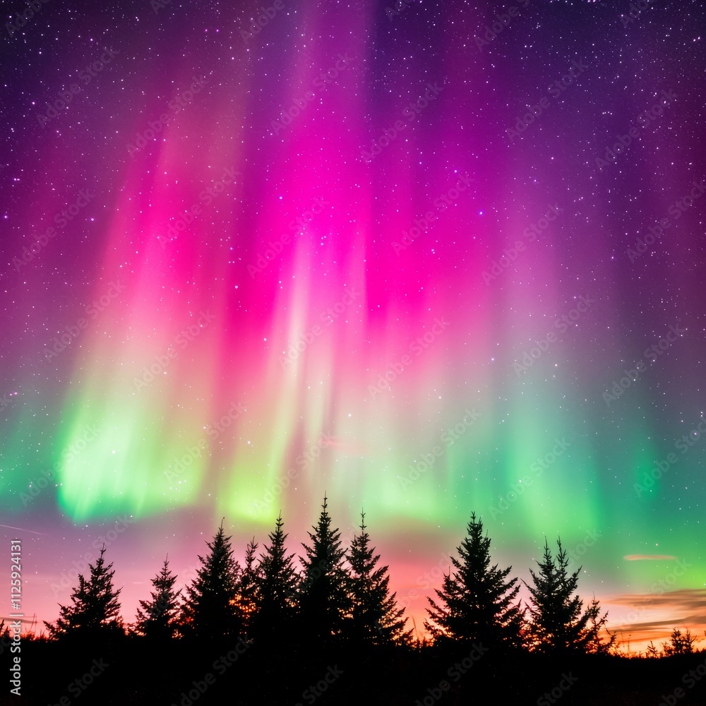 Vibrant Aurora Borealis over Silhouetted Pines Vibrant Aurora Borealis over Silhouetted Pines