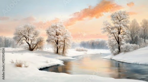 Winter serenity snow-covered trees by a tranquil river nature view