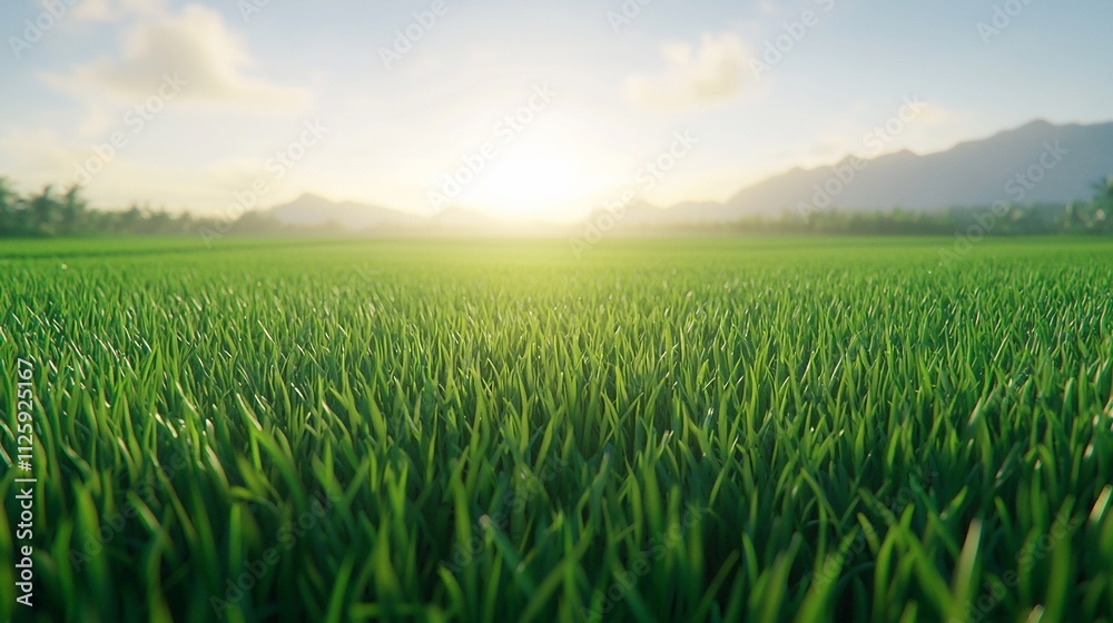 Fototapeta premium Lush green rice paddy field at sunset.