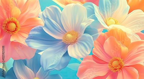 Colorful pastel blue, pink, orange, yellow, and white giant flowers against a background vector presentation design illustration