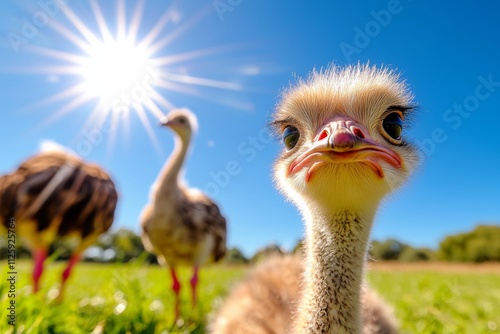 Ostrich Chick Close-Up: An adorable ostrich chick stares directly into the camera with a curious and playful expression. The bright sun shines in the background. photo