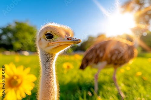 Ostrich Chick in Sunlit Meadow  photo