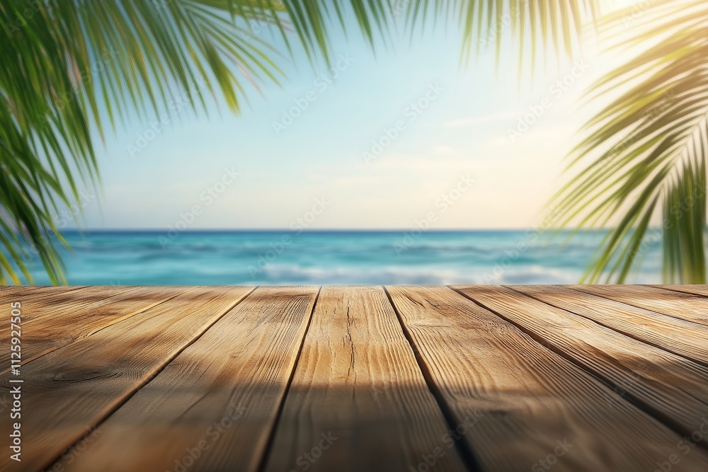 Wooden planks overlooking a tropical beach at sunset.