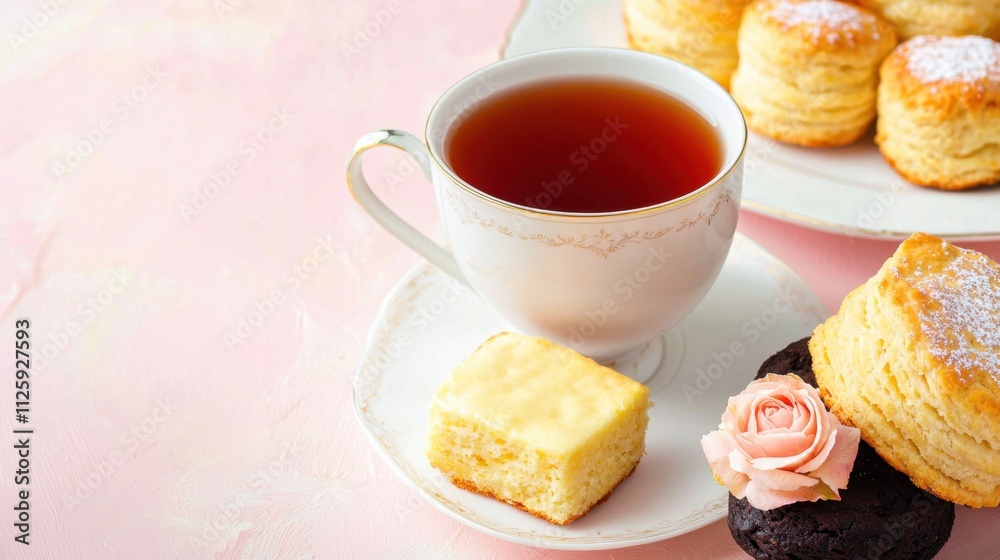 Tea and desserts in Victorian style concept. Tea with pastries on a pink background, featuring a rose and dessert Tea and desserts in Victorian style concept. Tea with pastries on a pink background, featuring a rose and dessert