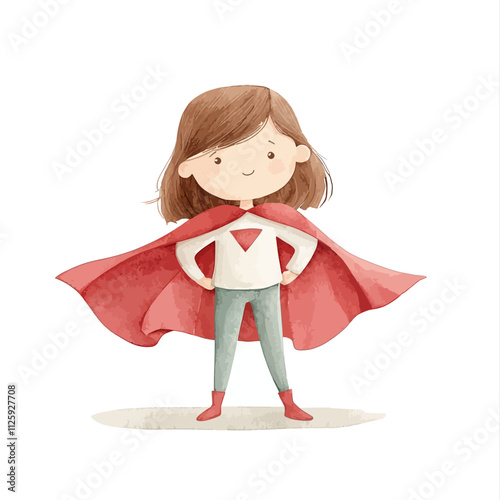 Little Heroine: A whimsical watercolor illustration of a young girl with a red cape, radiating confidence and empowerment. She stands with her hands on her hips, ready to take on any challenge.  