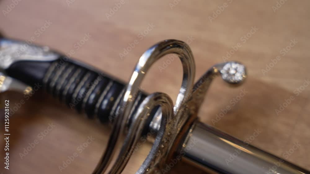 Close up of ornate sword handle on a wooden surface Close up of ornate sword handle on a wooden surface