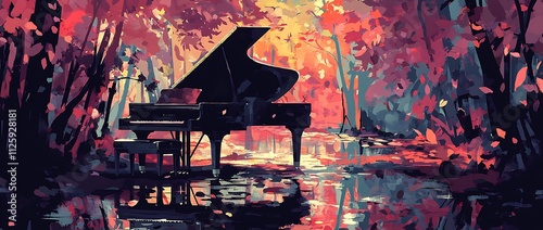 Serene Grand Piano Placed Amidst Peaceful Outdoor Landscape with Scenic Natural Elements