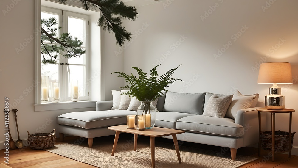 Cozy living room with grey sectional sofa, wooden furniture, and natural light. Cozy living room with grey sectional sofa, wooden furniture, and natural light.