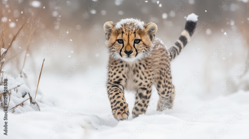 Fototapeta premium cheetah cub walking in the snow during winter
