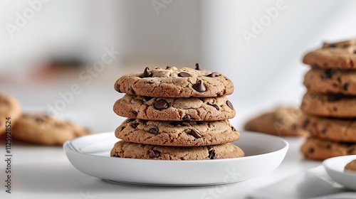 A stack of chocolate chip cookies on a white plate, on a white background.