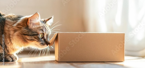 A curious cat investigates a cardboard box in a sunlit indoor setting, showcasing its natural curiosity and playful nature.