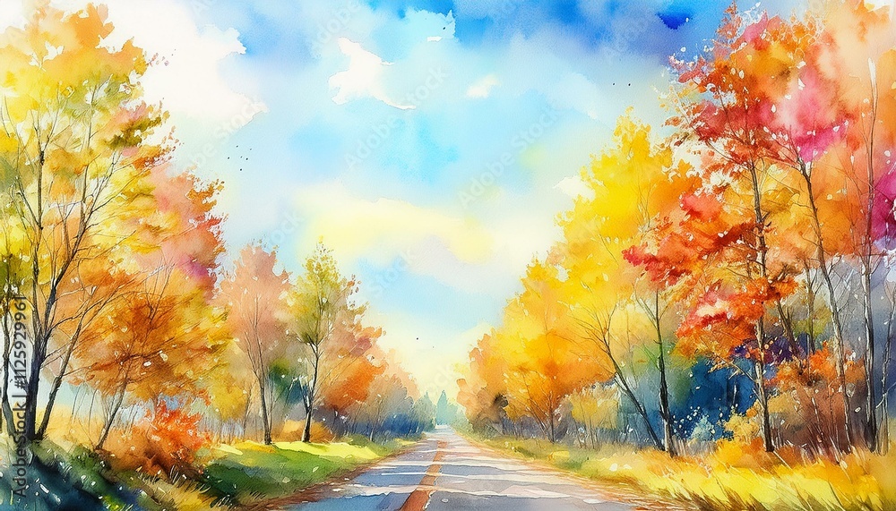 Autumn road landscape painting Autumn road landscape painting
