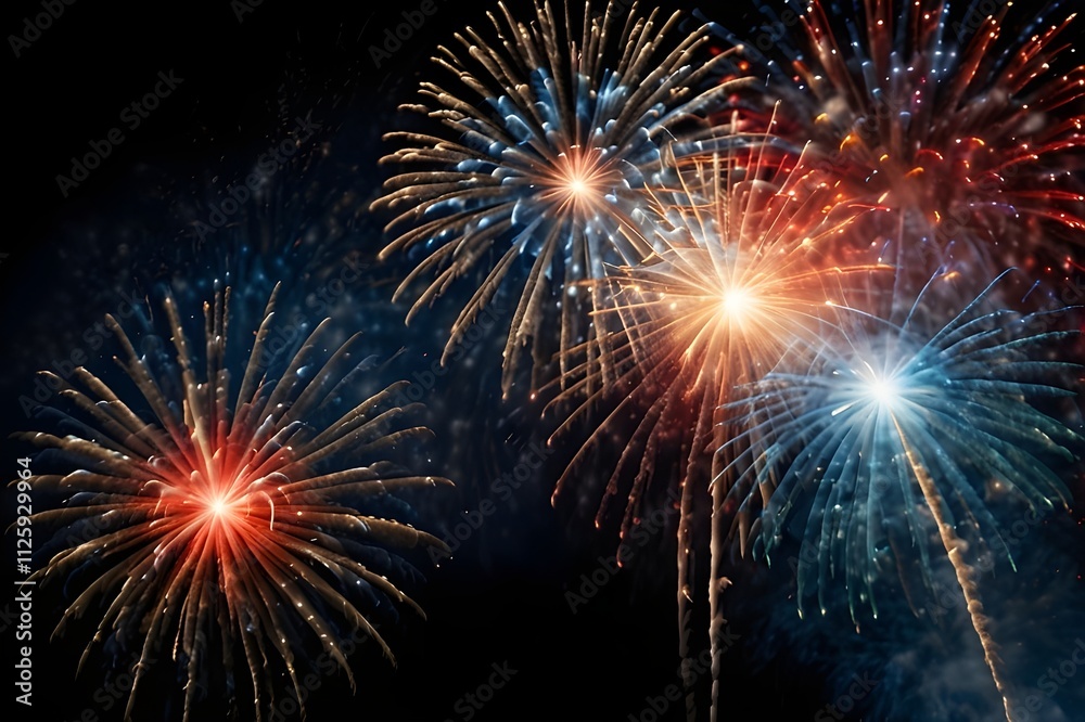 Over water, red, blue, and white fireworks reflect off the black sky. July 4th festivity. holiday in America. AI that is generative Over water, red, blue, and white fireworks reflect off the black sky. July 4th festivity. holiday in America. AI that is generative