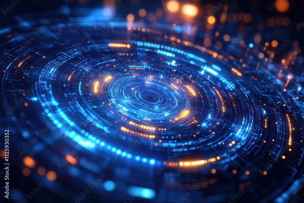 Abstract digital design featuring glowing blue and orange concentric circles. Abstract digital design featuring glowing blue and orange concentric circles.