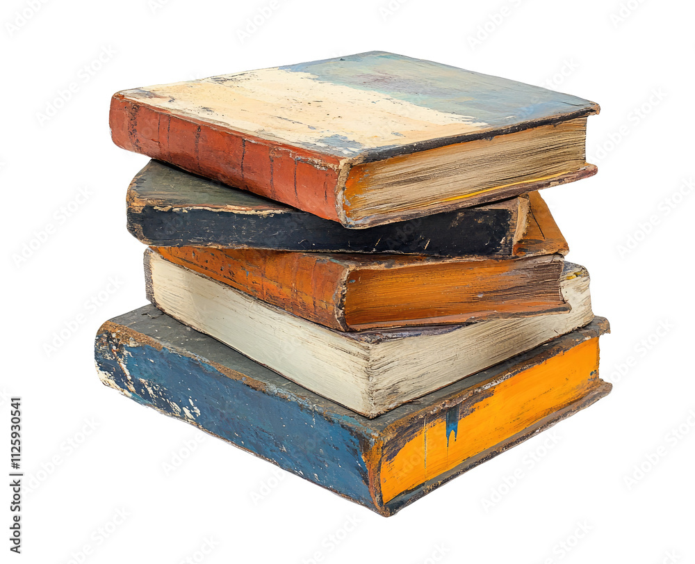 Stacked painted books isolated on a transparent PNG white background Stacked painted books isolated on a transparent PNG white background