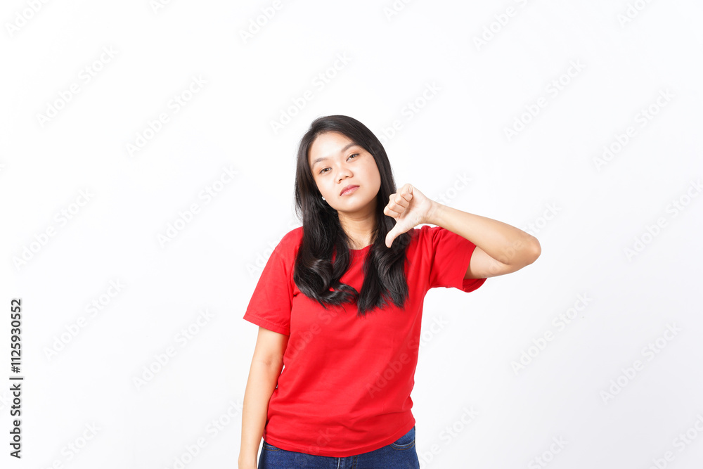 Showing Thumb Down, Dislike Concept Of Beautiful Asian Woman Wearing Red Shirt Isolated On White Background Showing Thumb Down, Dislike Concept Of Beautiful Asian Woman Wearing Red Shirt Isolated On White Background